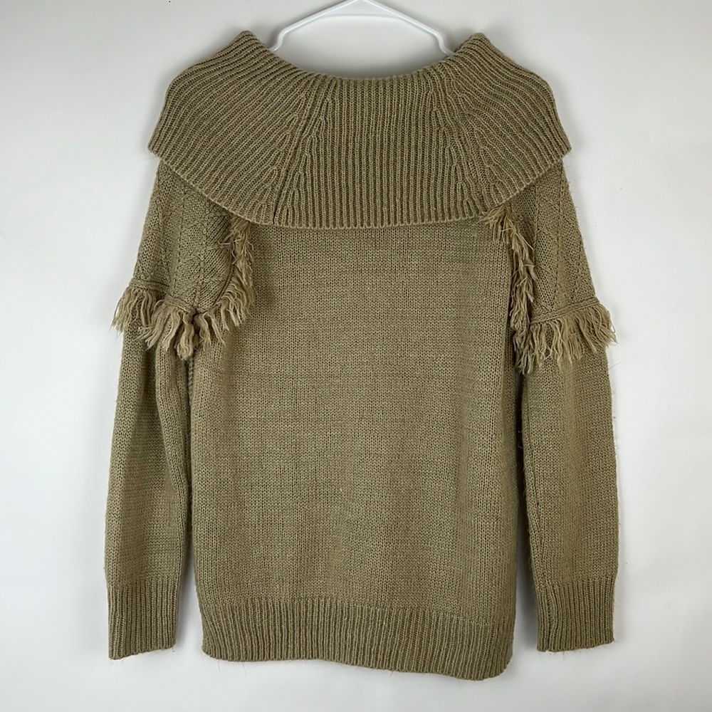 KNOX ROSE cowl shoulder tight knit sweater tan with fringe S